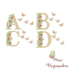 Matriz de Bordado - Alfabeto Flores Borboletas Lindas