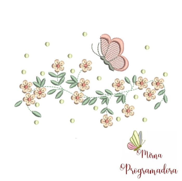 Matriz de Bordado - Raminho Flores Borboleta - Imagem 1