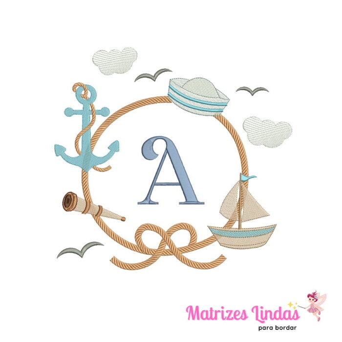 matriz de bordado Alfabeto Moldura Veleiro Letra A para bordar site matrizeslindas.com.br
