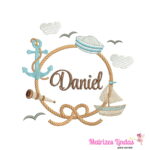 Matriz de bordado nome Daniel moldura veleiro marinheiro barquinho para bordar ML