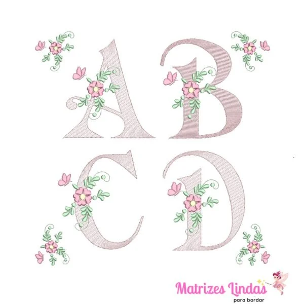 matriz de Bordado Alfabeto de A a Z com flor para bordar site matrizeslindas.com.br