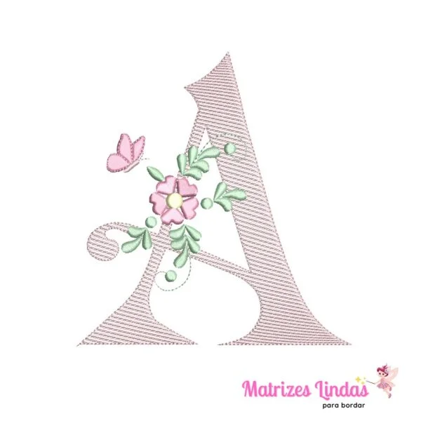 matriz de Bordado Alfabeto letra A com flor para bordar site matrizeslindas.com.br