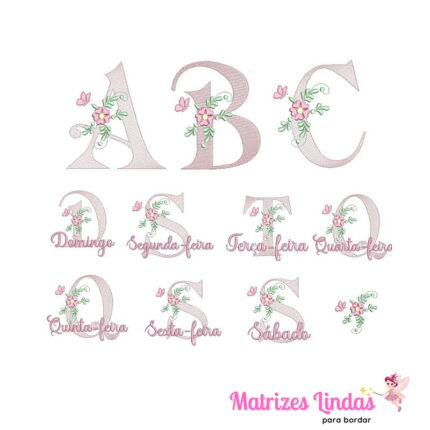 matriz de bordado Alfabeto e Semaninha com flor para bordar ML