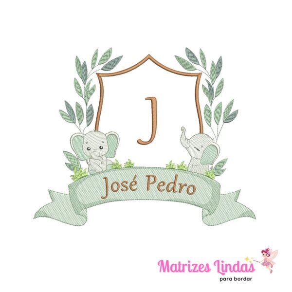 matriz de bordado Brasão Elefantes Safari com Nome José Pedro para bordar site matrizeslindas.com.br