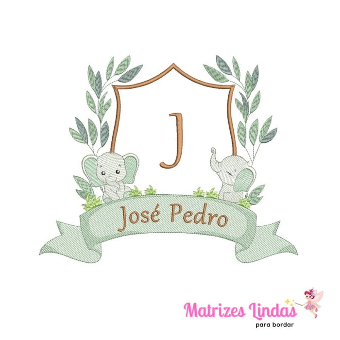 matriz de bordado Brasão Elefantes Safari com Nome José Pedro para bordar site matrizeslindas.com.br