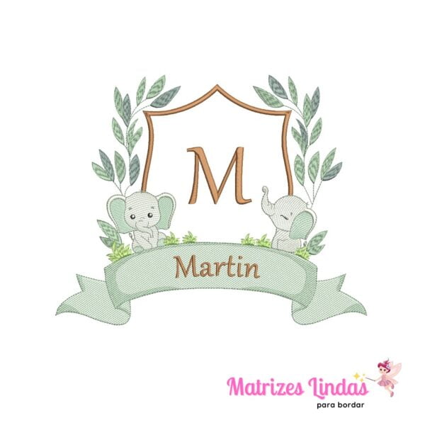 matriz de bordado Brasão Elefantes Safari com Nome Martin para bordar site matrizeslindas.com.br
