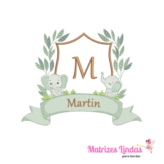 matriz de bordado Brasão Elefantes Safari com Nome Martin para bordar site matrizeslindas.com.br