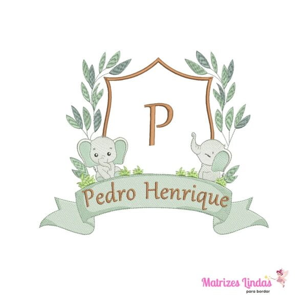 matriz de bordado Brasão Elefantes Safari com Nome Pedro Henrique para bordar site matrizeslindas.com.br