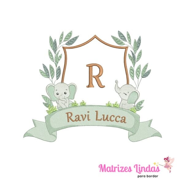 matriz de bordado Brasão Elefantes Safari com Nome Ravi Lucca para bordar site matrizeslindas.com.br