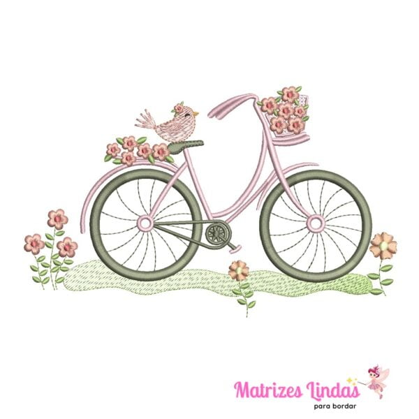 matriz de bordado Passarinho na bicicleta com flores para bordar ML