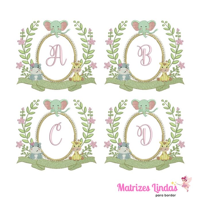 Matriz de Bordado Alfabeto Moldura Safari Menina para bordar ML