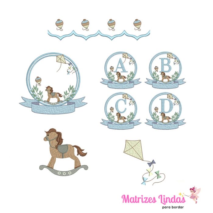 Matriz de Bordado – Coleção Alfabeto e Moldura Cavalinho com Brinquedos