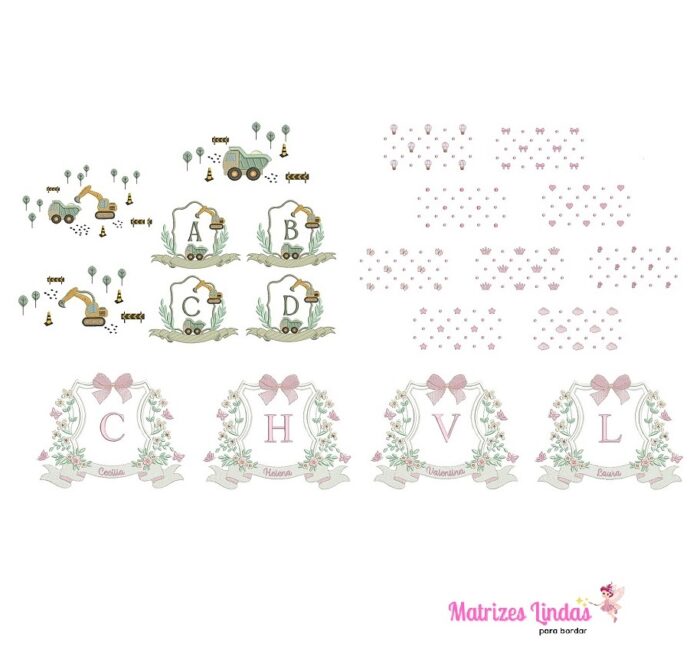 Matriz de Bordado – Coleção Construir MAIS Coleção Poá MAIS Coleção 100 Nomes de Menina Brasão Flores