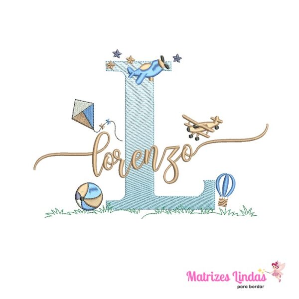 matriz de bordado nome Lorenzo sobreposto brinquedos para bordar ML