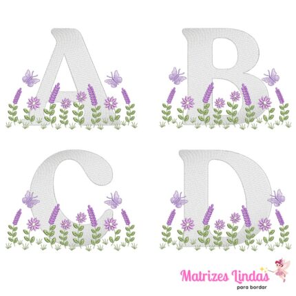 Matriz de Bordado Alfabeto jardim flores lavanda para bordar ML