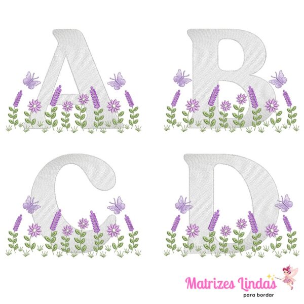 Matriz de Bordado Alfabeto jardim flores lavanda para bordar ML