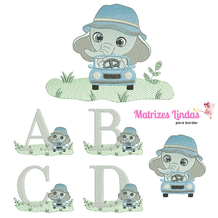 Matriz de Bordado – Coleção Elefantinho no Carrinho e Alfabeto de A a Z