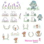 Matriz de Bordado Coleção Jardim Flores coleção Elefantinho no carrinho e coleção Girafinha para bordar