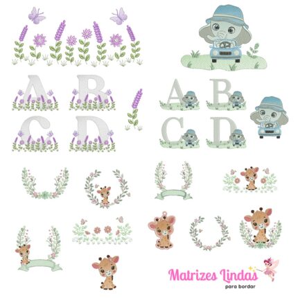 Matriz de Bordado – Coleção Jardim Flores MAIS Coleção Elefantinho no Carrinho MAIS Coleção Girafinha