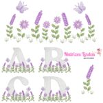 Matriz de Bordado Coleção jardim flores e Alfabeto lavanda para bordar ML