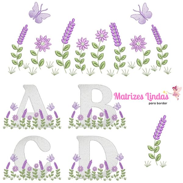 Matriz de Bordado Coleção jardim flores e Alfabeto lavanda para bordar ML