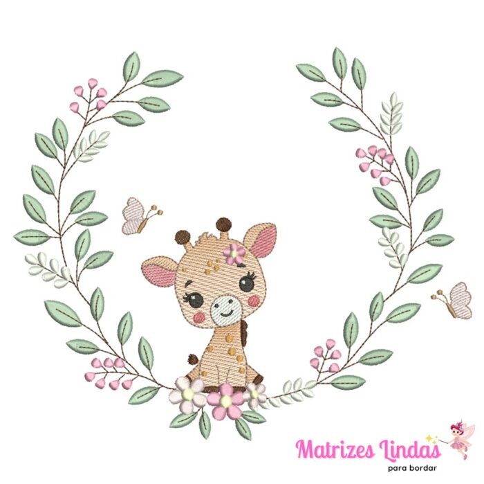 Matriz de Bordado Girafinha Raminho com Borboletas para bordar ML