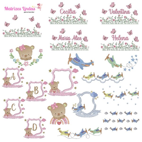 Matriz de Bordado coleção ursinha, coleção Aviãozinho e coleção nomes jardim flores