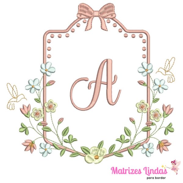 Matriz de Bordado moldura flores com letra A para bordar ML