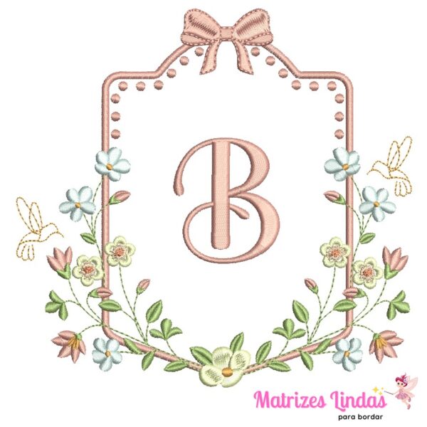 Matriz de Bordado moldura flores com letra B para bordar ML