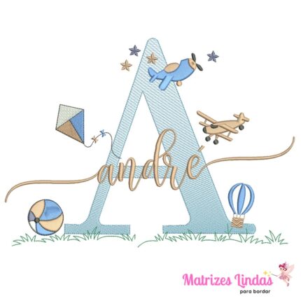 Matriz para Bordado – Nome André Sobreposto com Brinquedos