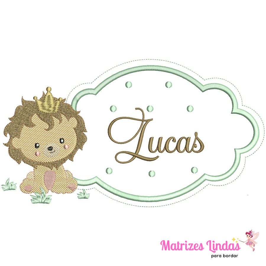 Matriz de Bordado Nome Lucas na moldura leãozinho para bordar ML