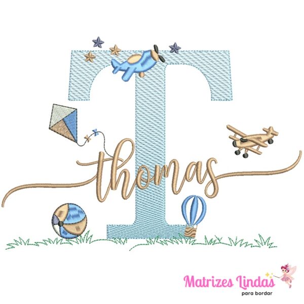 Matriz de Bordado Nome Thomas sobreposto com brinquedos para bordar ML
