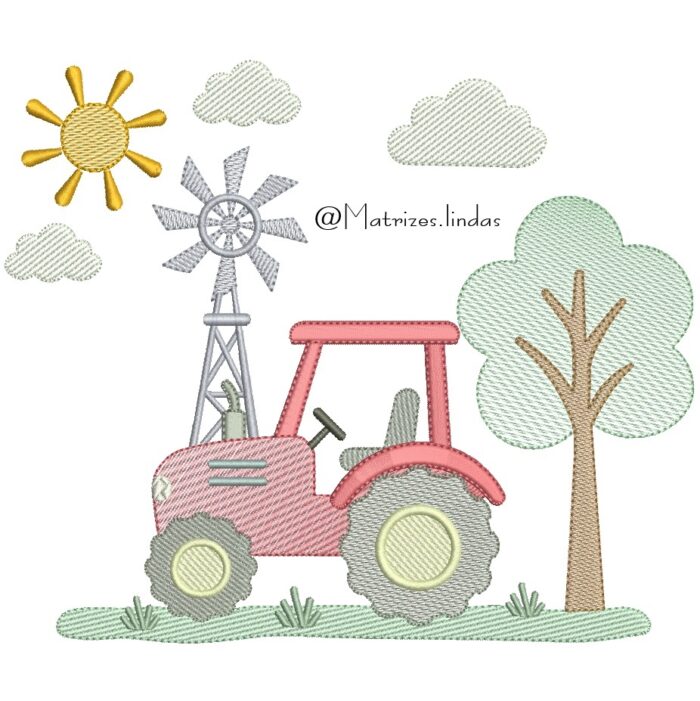 matriz de bordado tratorzinho com catavento e nuvens para bordar ML