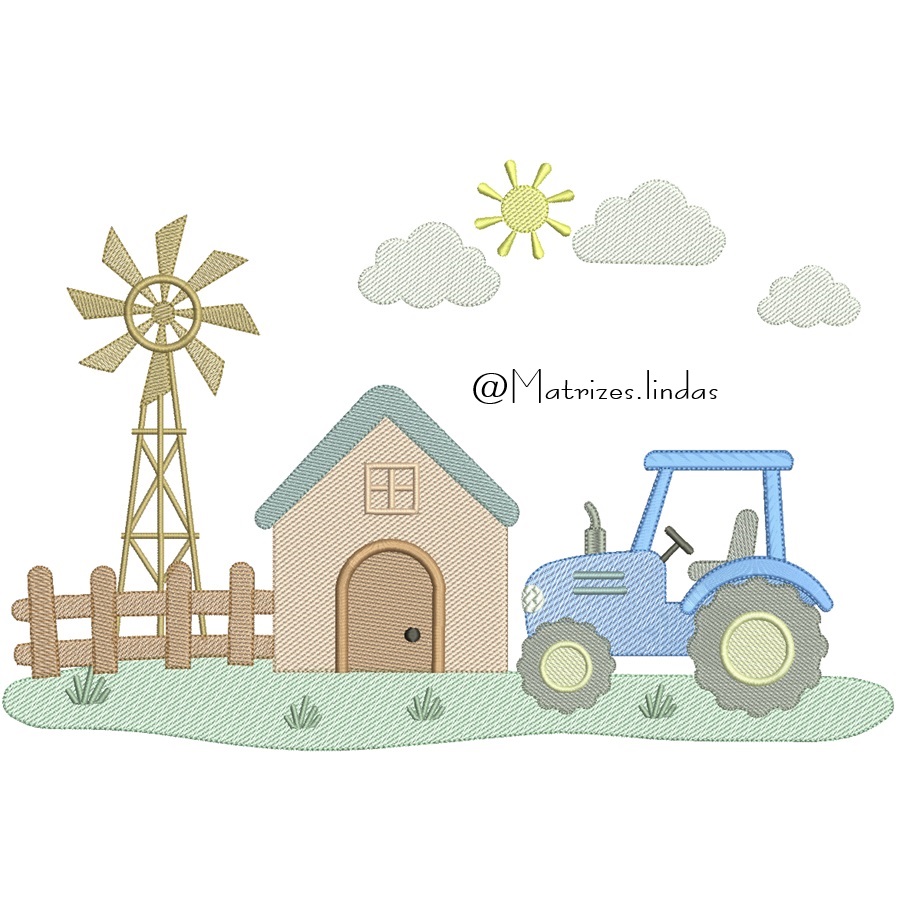 matriz de bordado tratorzinho na fazenda com nuvens para bordar ML