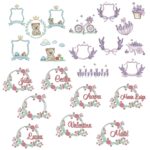 coleção ursinho brinquedos lavanda e moldura floral para bordar