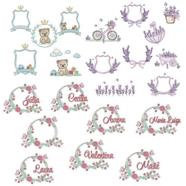 coleção ursinho brinquedos lavanda e moldura floral para bordar