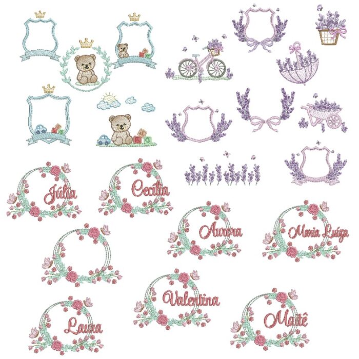 coleção ursinho brinquedos lavanda e moldura floral para bordar
