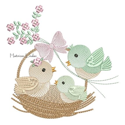 Matriz de Bordado Ninho com Passarinho e Flores para bordar ML