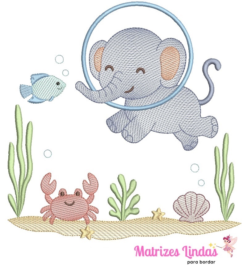 Matriz de Bordado - Elefantinho Fundo do Mar Matriz de Bordado - Elefantinho Fundo do Mar