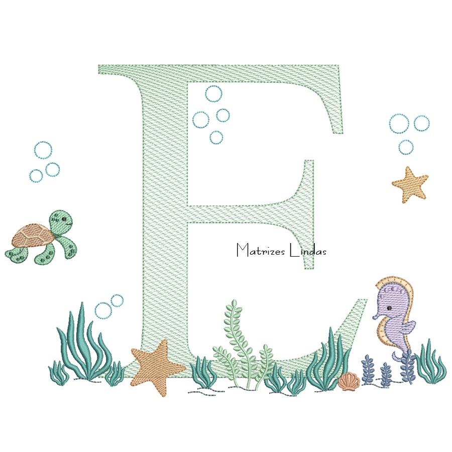 Matriz de Bordado - Fundo do Mar Letra E Matriz de Bordado - Fundo do Mar Letra E