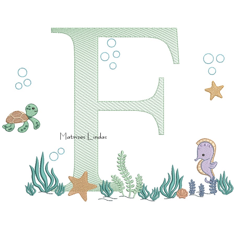 Matriz de Bordado - Fundo do Mar Letra F Matriz de Bordado - Fundo do Mar Letra F