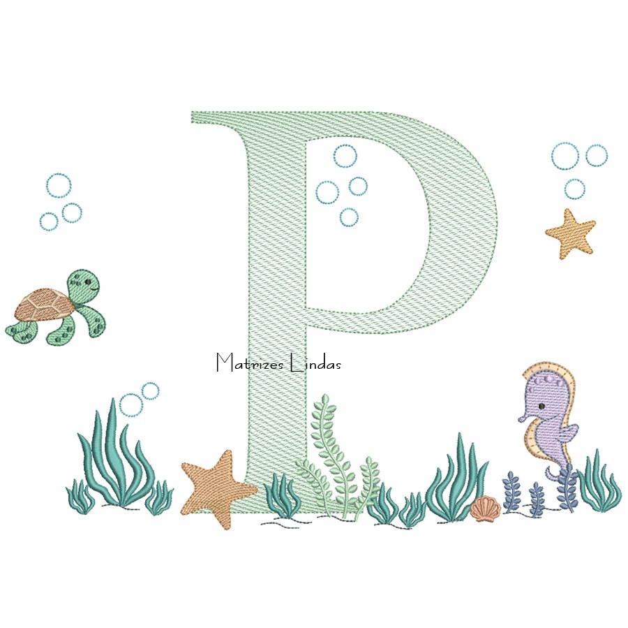 Matriz de Bordado - Fundo do Mar Letra P Matriz de Bordado - Fundo do Mar Letra P