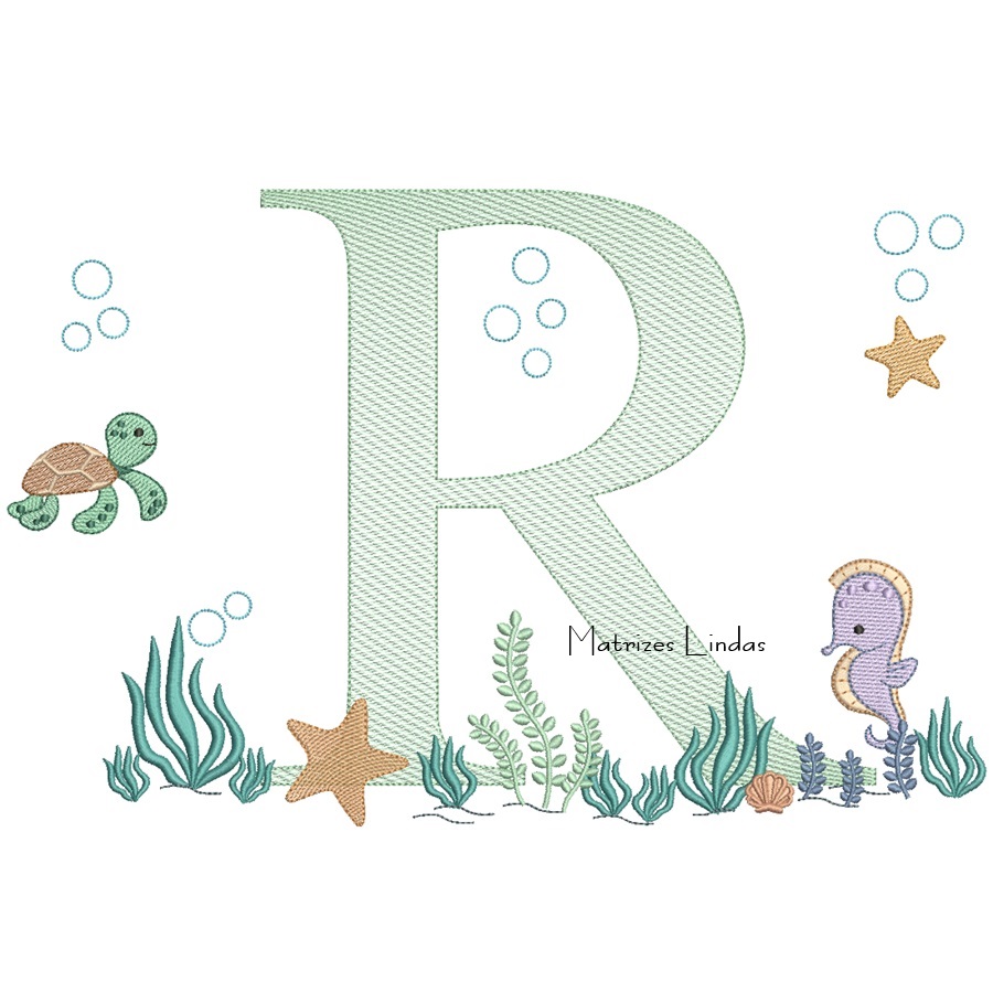 Matriz de Bordado - Fundo do Mar Letra R Matriz de Bordado - Fundo do Mar Letra R