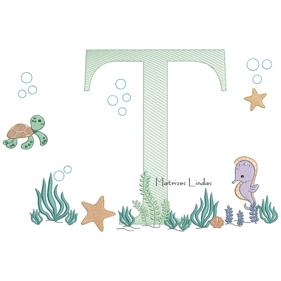 Matriz de Bordado - Fundo do Mar Letra T Matriz de Bordado - Fundo do Mar Letra T