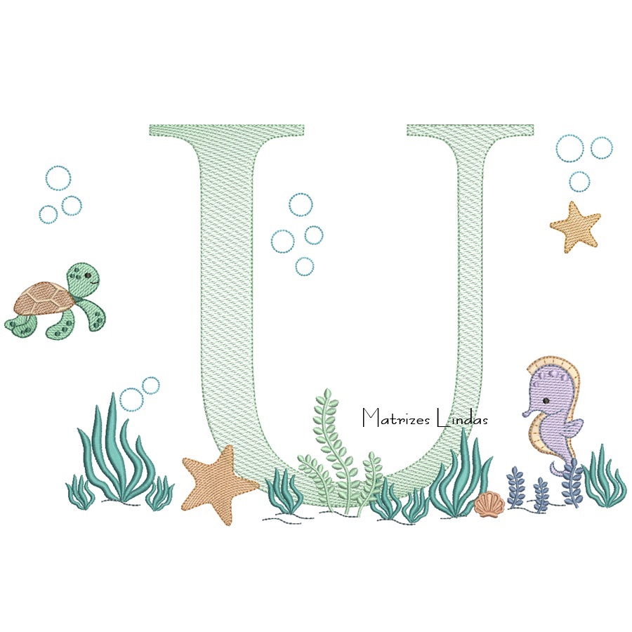 Matriz de Bordado - Fundo do Mar Letra U Matriz de Bordado - Fundo do Mar Letra U
