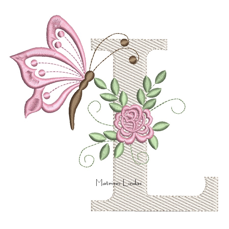Matriz de Bordado - Letra L com flores e Borboletas Matriz de Bordado - Letra L com flores e Borboletas