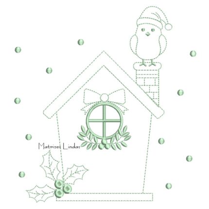 Matriz de Bordado - Passarinho na Casinha de Natal Contorno