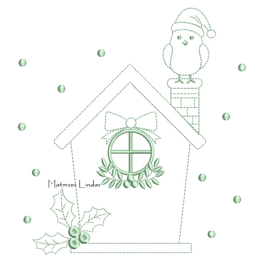 Matriz de Bordado - Passarinho na Casinha de Natal Contorno Matriz de Bordado - Passarinho na Casinha de Natal Contorno