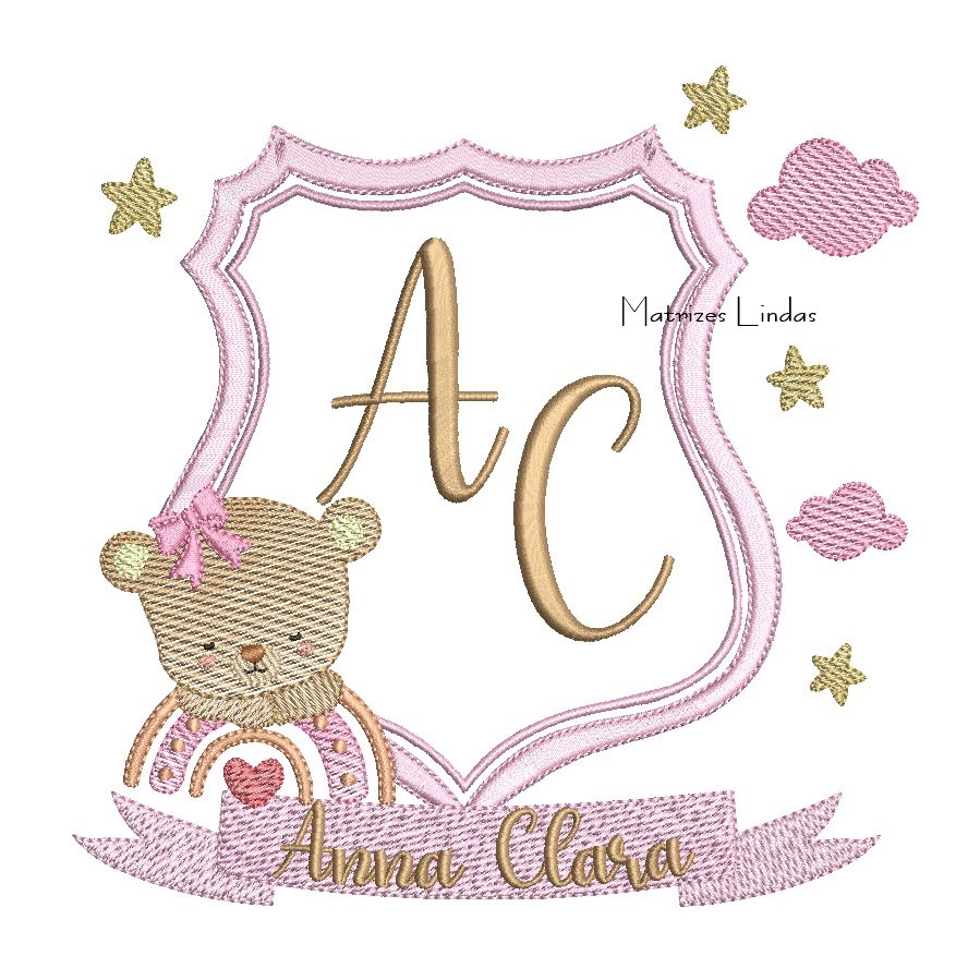 Matriz de Bordado - Nome Anna Clara Brasão com Ursinha Matriz de Bordado - Nome Anna Clara Brasão com Ursinha