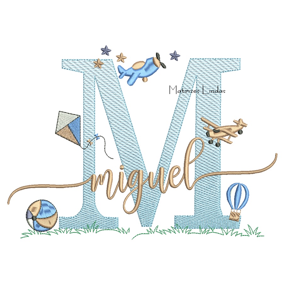 Matriz de Bordado - Nome Miguel com Brinquedos Matriz de Bordado - Nome Miguel com Brinquedos
